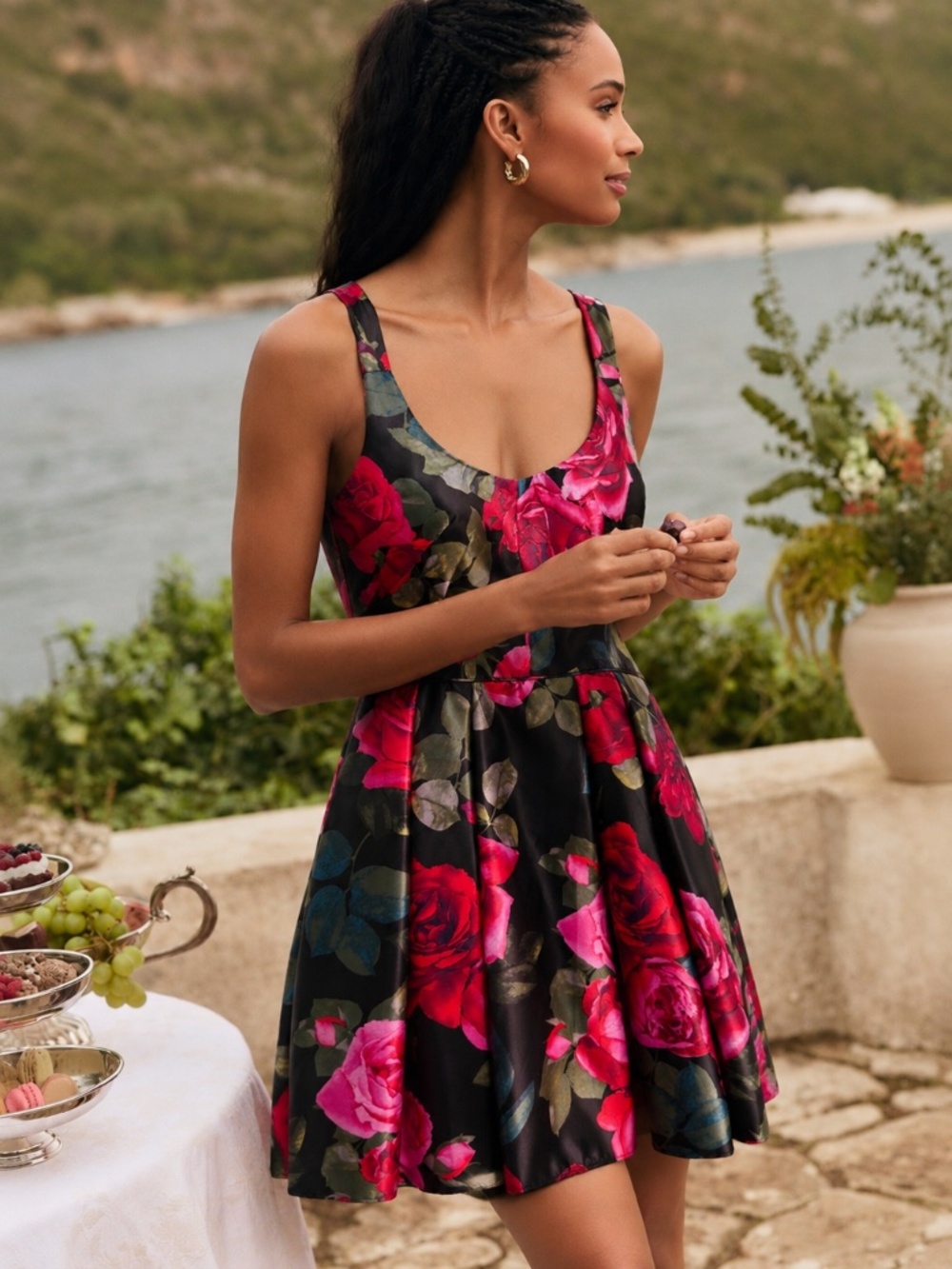 Betsy & Adam Black Red Rose Floral Satin Fit & Flare Cocktail Party Dress Sz 10 - Picture 1 of 9